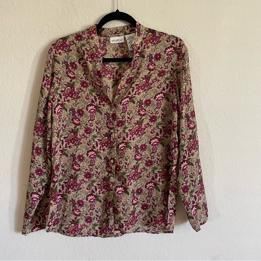 White Stag Floral Print Women's Top size S fall feminine floral semi sheer